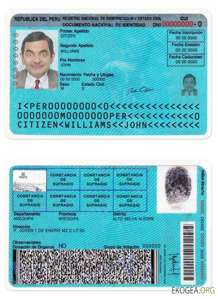 Modèle PSD de carte d'identité du Pérou, avec polices, version 2